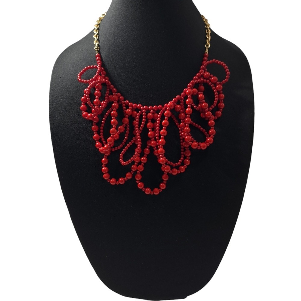 Women's Necklace Acrylic Beads Gold Tone & Red 14 inches